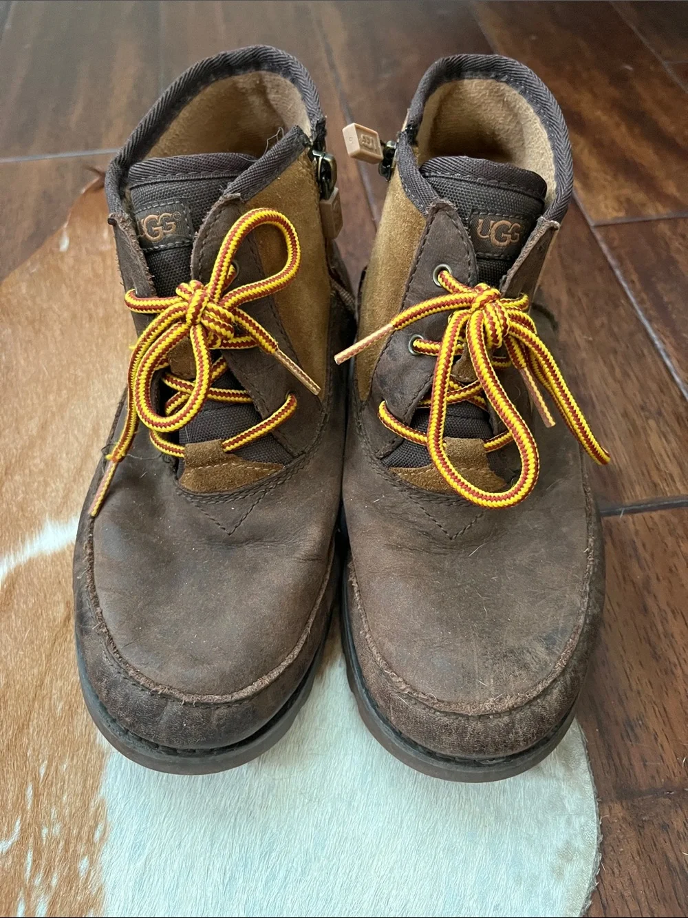 UGG Brown Suede Ankle Boots with Yellow Accent Laces